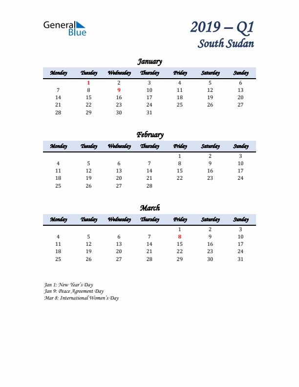 January, February, and March Calendar for South Sudan with Monday Start