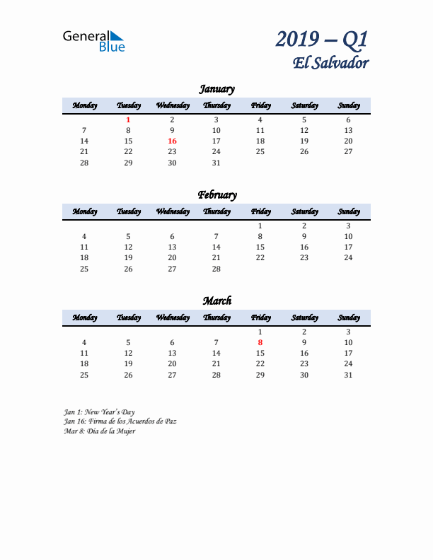 January, February, and March Calendar for El Salvador with Monday Start