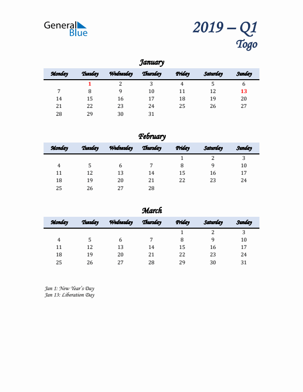 January, February, and March Calendar for Togo with Monday Start