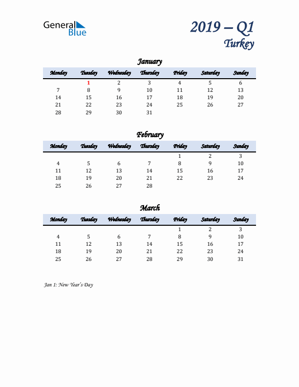 January, February, and March Calendar for Turkey with Monday Start