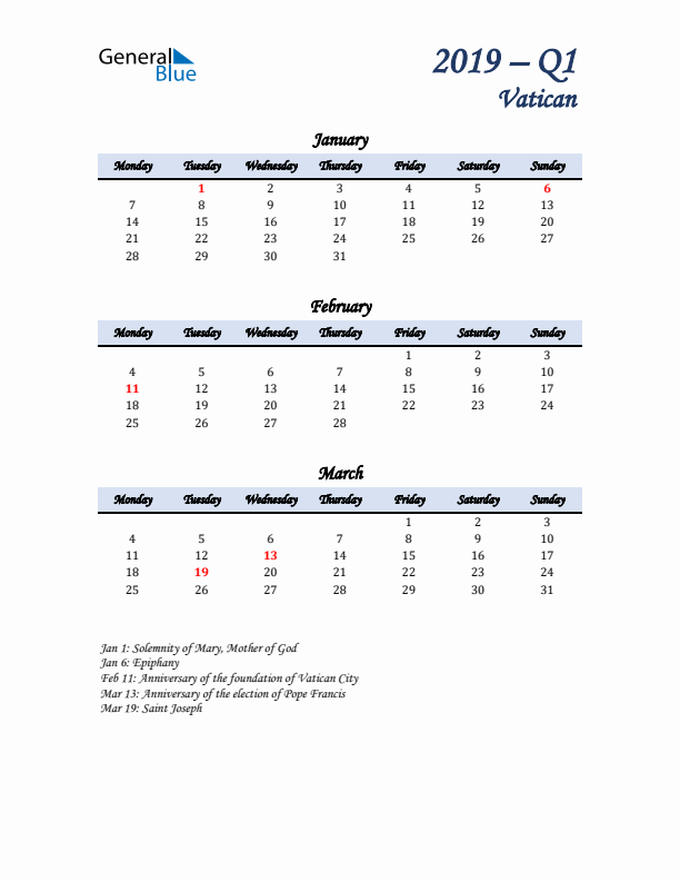 January, February, and March Calendar for Vatican with Monday Start