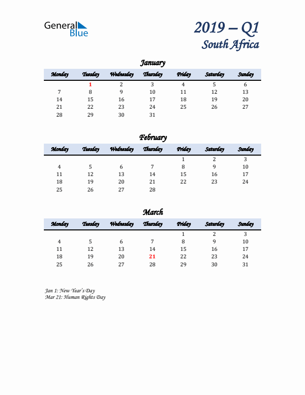 January, February, and March Calendar for South Africa with Monday Start