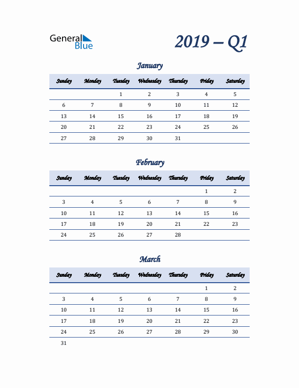 Sunday Start 2019 Quarterly Calendar