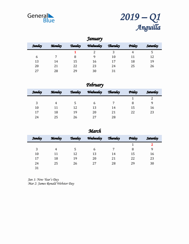 January, February, and March Calendar for Anguilla with Sunday Start