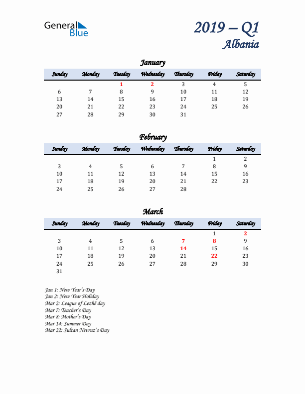 January, February, and March Calendar for Albania with Sunday Start