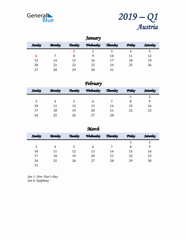 January, February, and March Calendar for Austria with Sunday Start