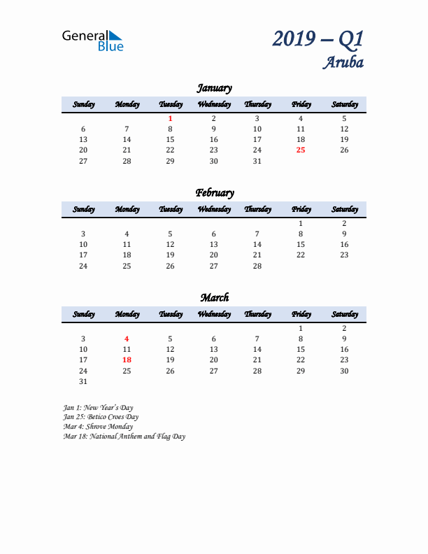 January, February, and March Calendar for Aruba with Sunday Start