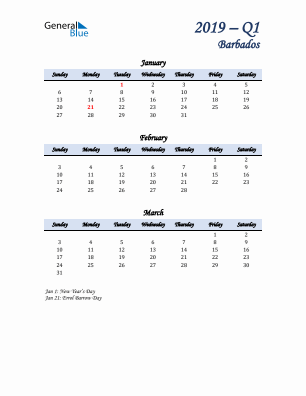 January, February, and March Calendar for Barbados with Sunday Start