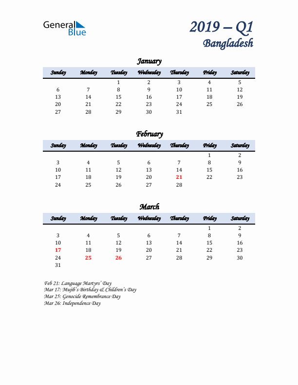 January, February, and March Calendar for Bangladesh with Sunday Start