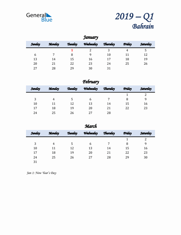 January, February, and March Calendar for Bahrain with Sunday Start