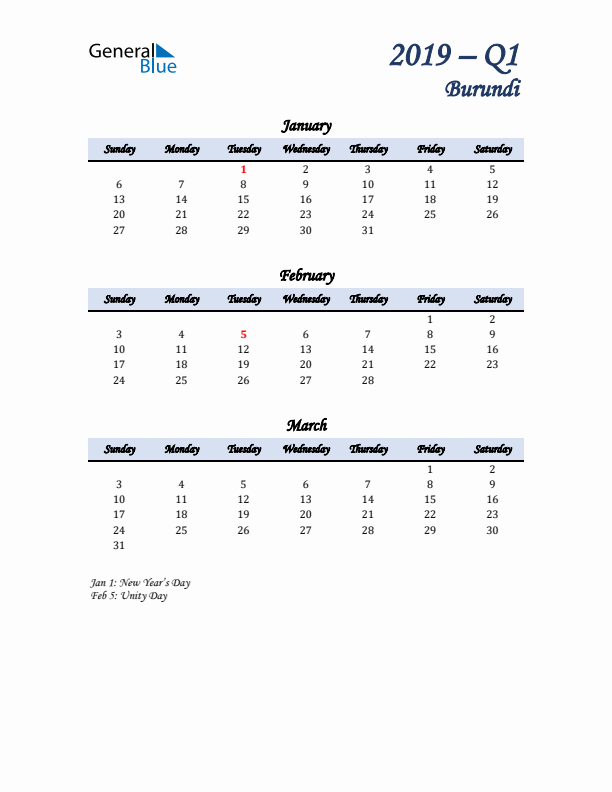 January, February, and March Calendar for Burundi with Sunday Start