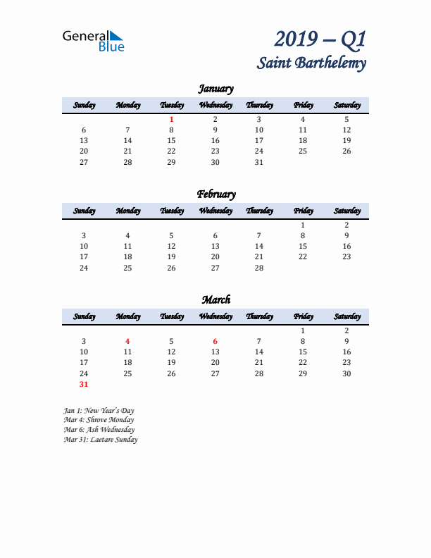 January, February, and March Calendar for Saint Barthelemy with Sunday Start