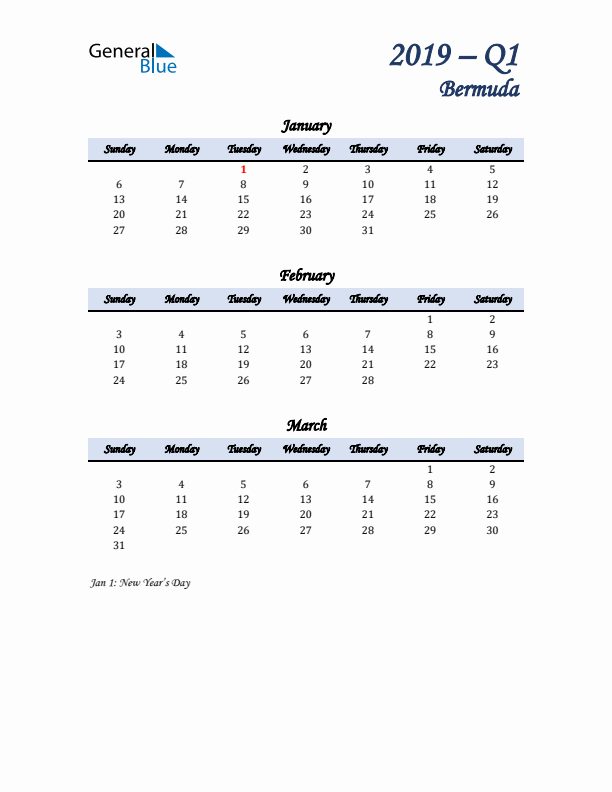 January, February, and March Calendar for Bermuda with Sunday Start