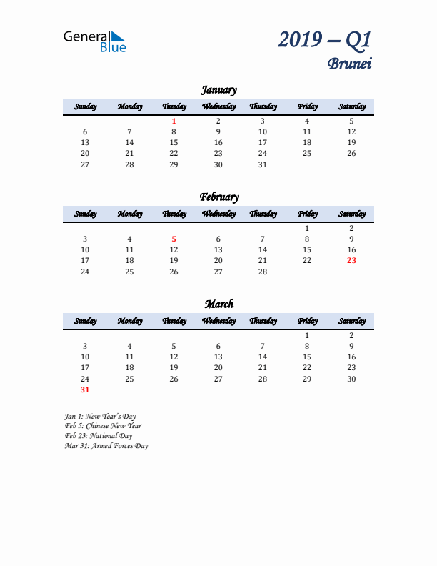 January, February, and March Calendar for Brunei with Sunday Start