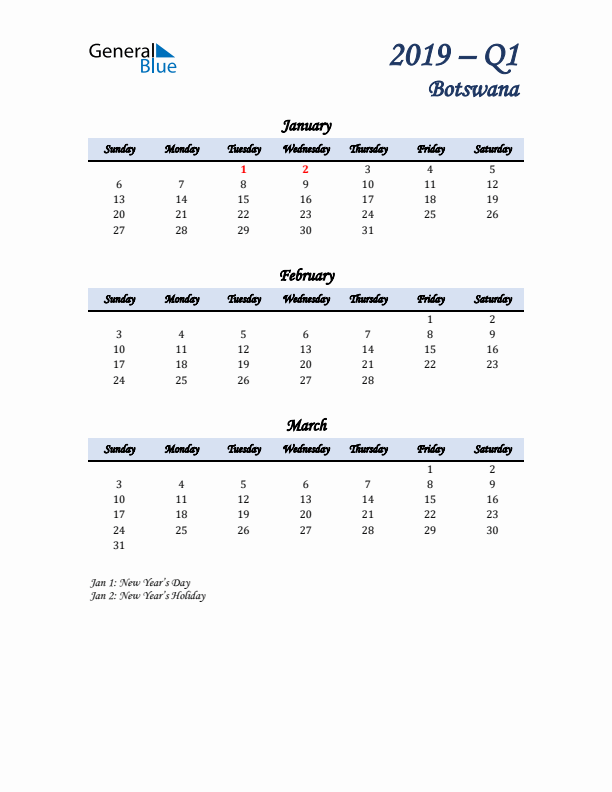 January, February, and March Calendar for Botswana with Sunday Start