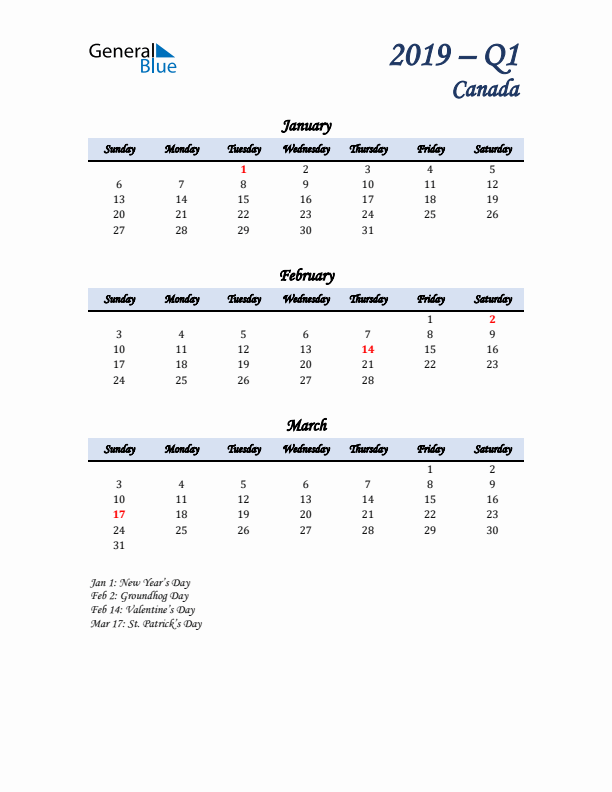 January, February, and March Calendar for Canada with Sunday Start