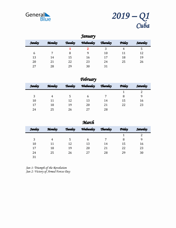 January, February, and March Calendar for Cuba with Sunday Start