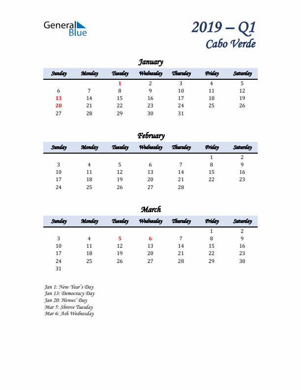 January, February, and March Calendar for Cabo Verde with Sunday Start