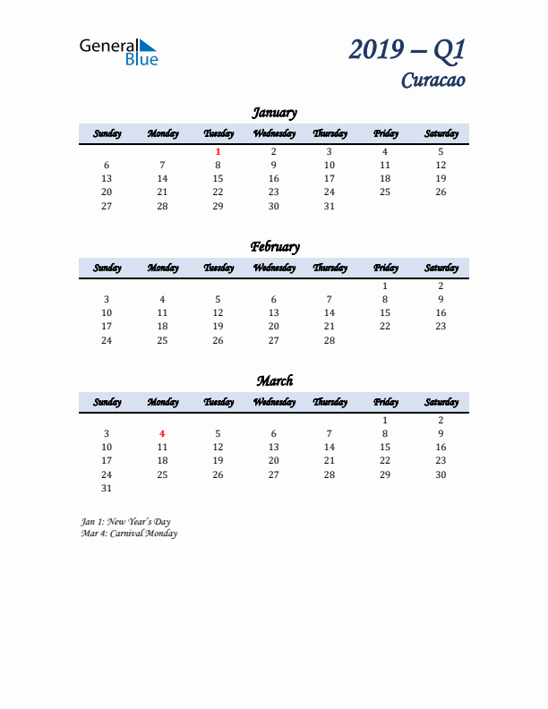 January, February, and March Calendar for Curacao with Sunday Start