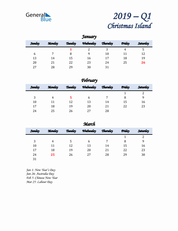 January, February, and March Calendar for Christmas Island with Sunday Start