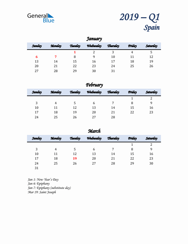 January, February, and March Calendar for Spain with Sunday Start