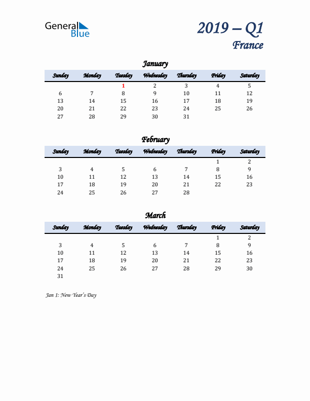 January, February, and March Calendar for France with Sunday Start