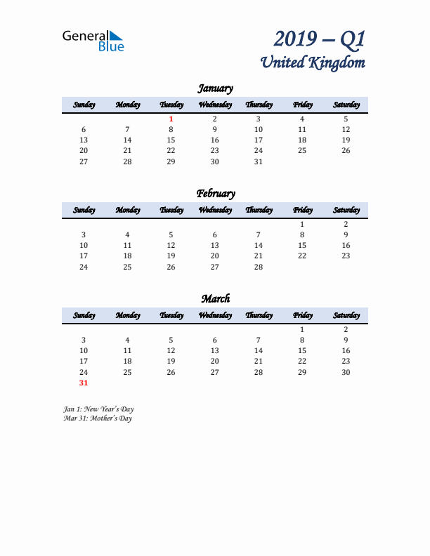 January, February, and March Calendar for United Kingdom with Sunday Start