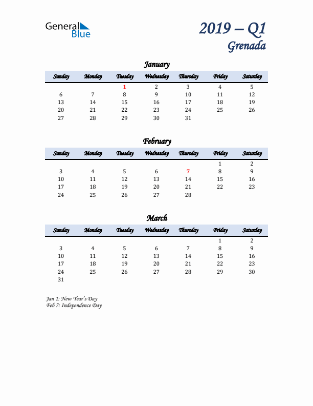 January, February, and March Calendar for Grenada with Sunday Start