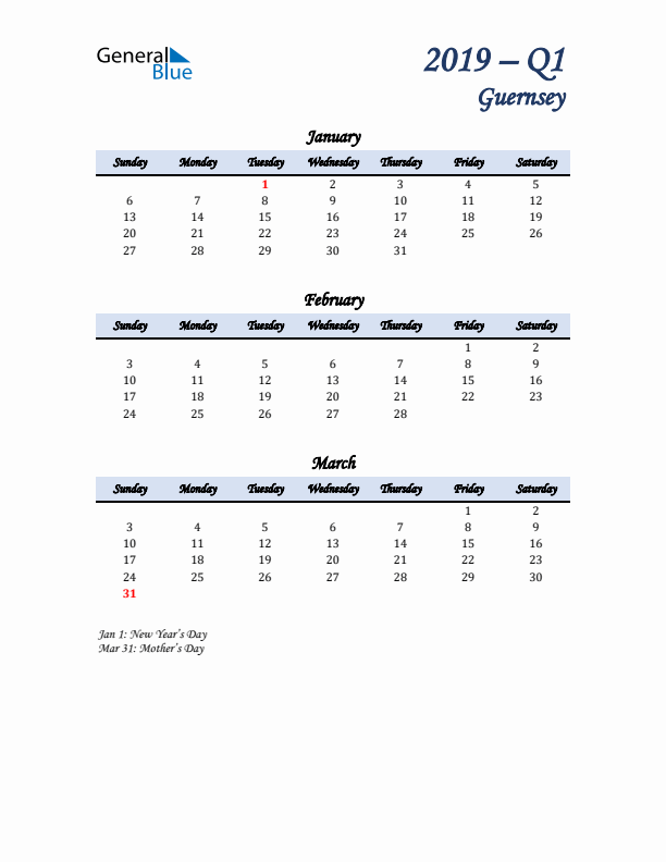 January, February, and March Calendar for Guernsey with Sunday Start