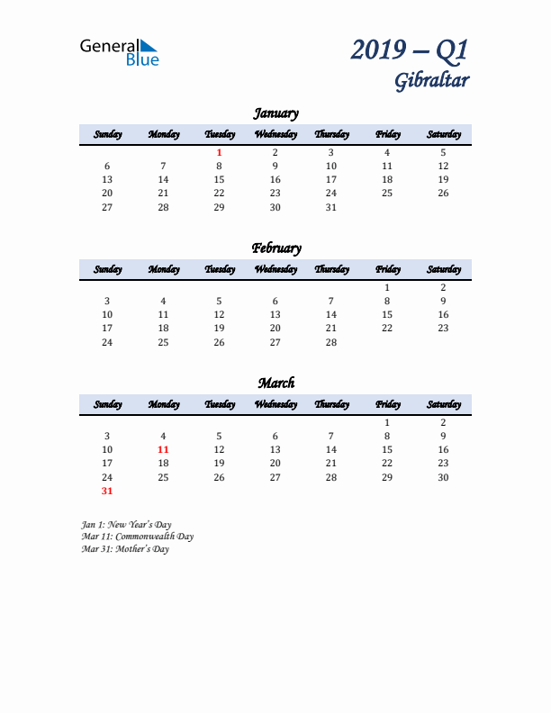 January, February, and March Calendar for Gibraltar with Sunday Start