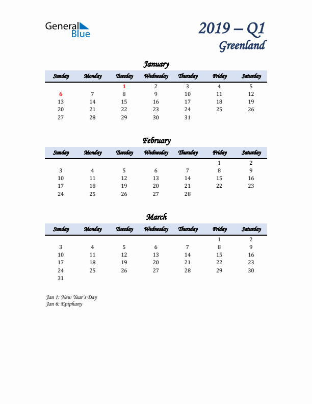 January, February, and March Calendar for Greenland with Sunday Start