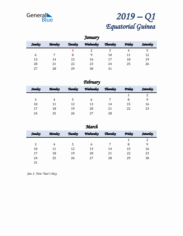 January, February, and March Calendar for Equatorial Guinea with Sunday Start