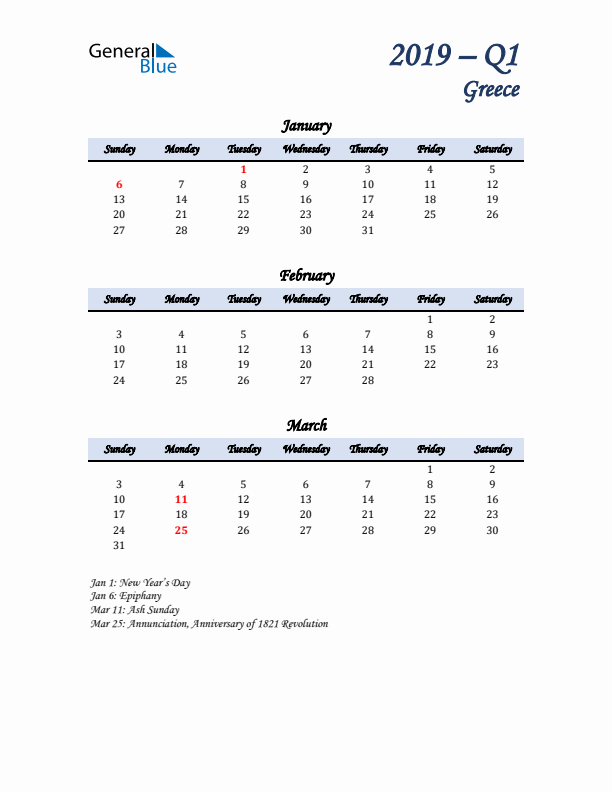 January, February, and March Calendar for Greece with Sunday Start