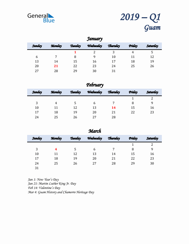 January, February, and March Calendar for Guam with Sunday Start