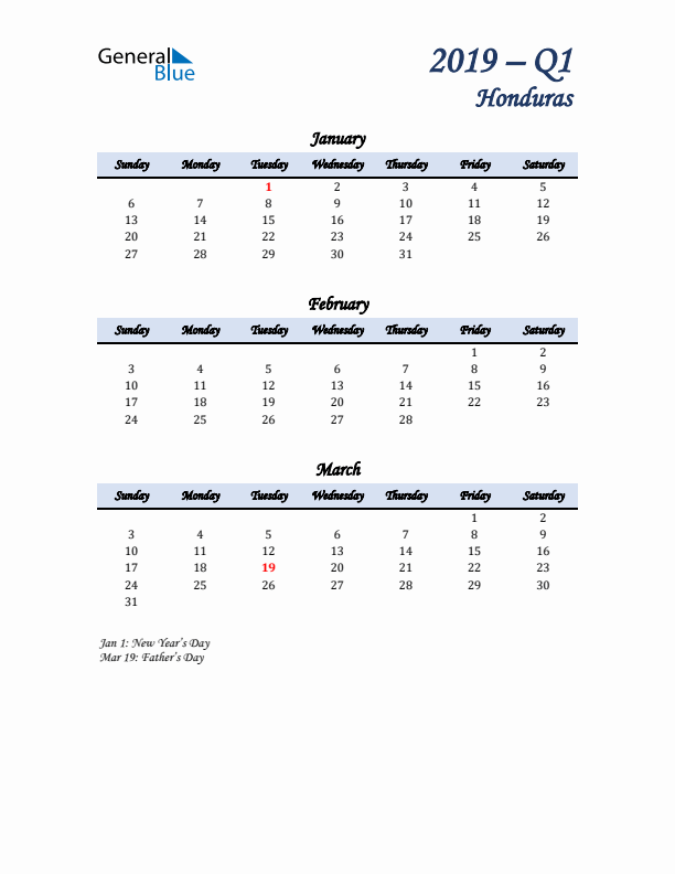 January, February, and March Calendar for Honduras with Sunday Start