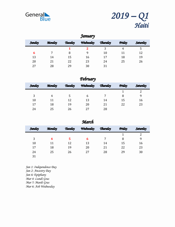 January, February, and March Calendar for Haiti with Sunday Start