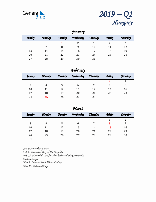 January, February, and March Calendar for Hungary with Sunday Start