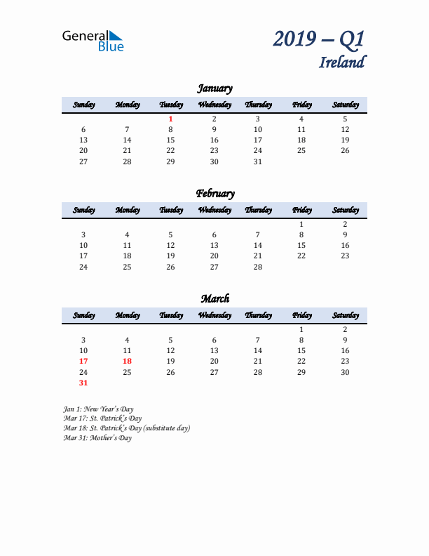 January, February, and March Calendar for Ireland with Sunday Start