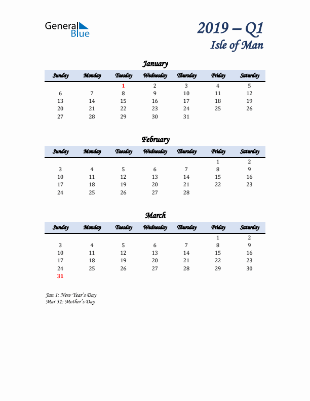 January, February, and March Calendar for Isle of Man with Sunday Start