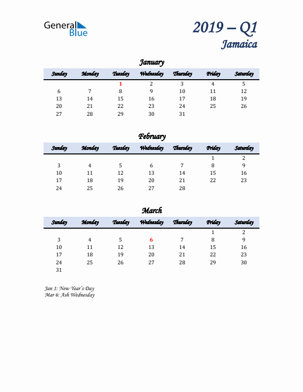 January, February, and March Calendar for Jamaica with Sunday Start