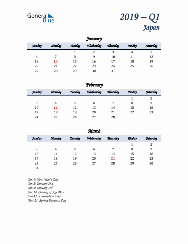 January, February, and March Calendar for Japan with Sunday Start