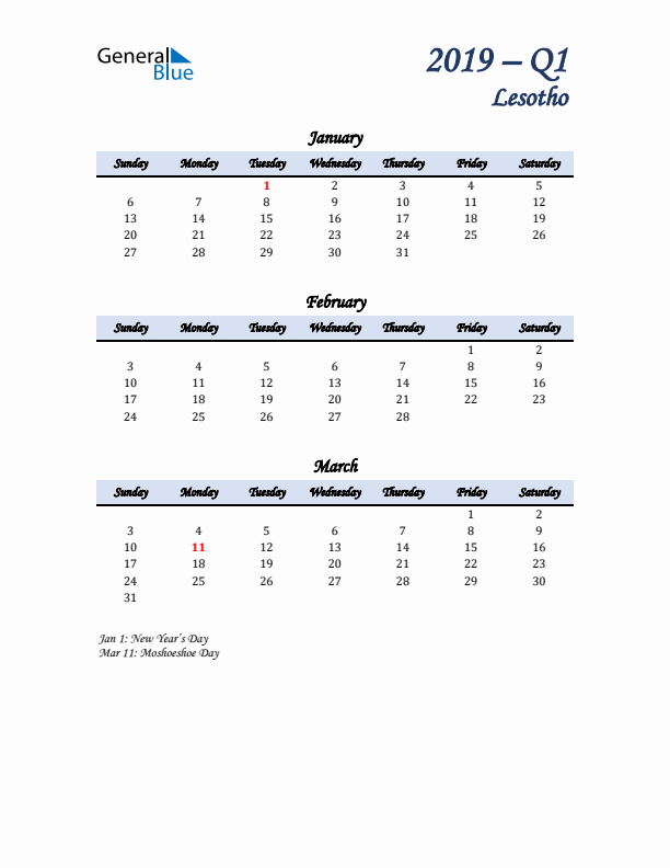 January, February, and March Calendar for Lesotho with Sunday Start