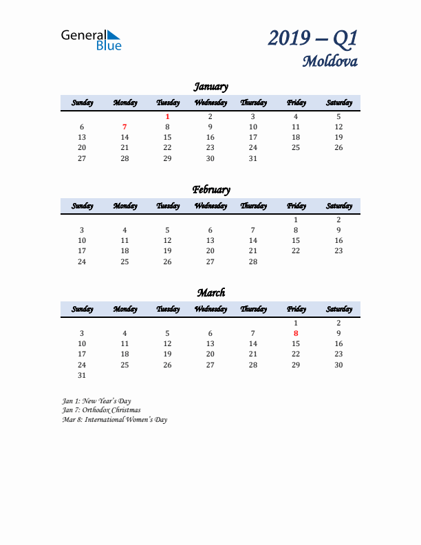 January, February, and March Calendar for Moldova with Sunday Start