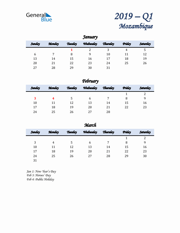 January, February, and March Calendar for Mozambique with Sunday Start
