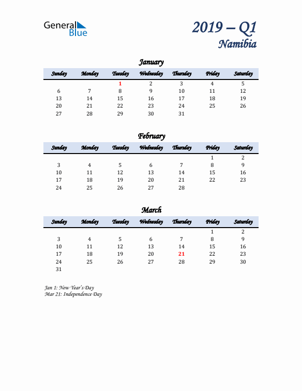 January, February, and March Calendar for Namibia with Sunday Start