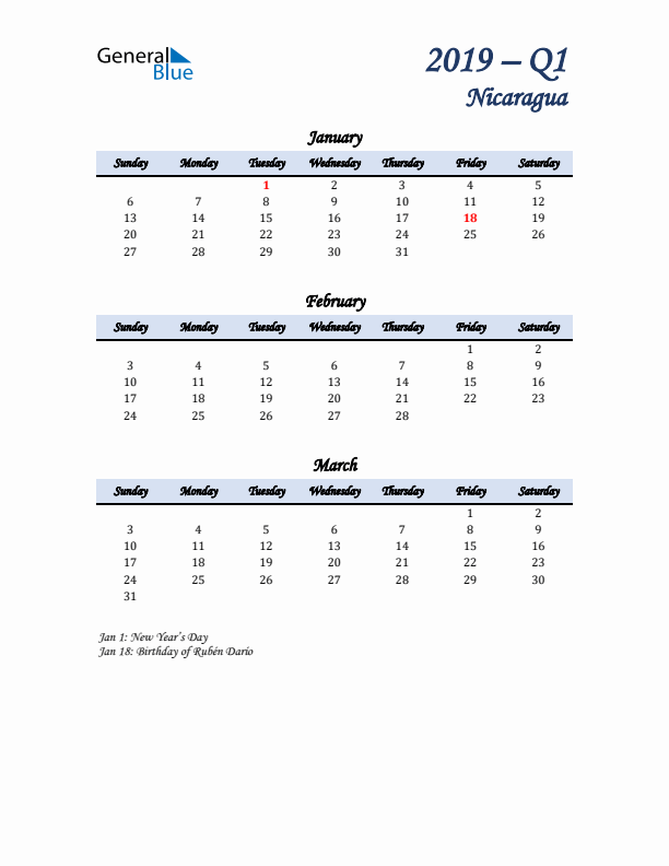 January, February, and March Calendar for Nicaragua with Sunday Start