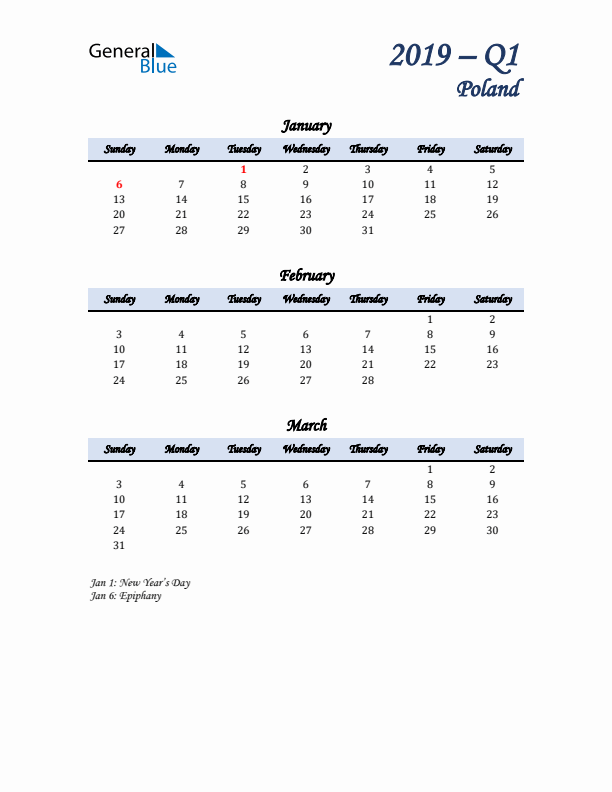 January, February, and March Calendar for Poland with Sunday Start