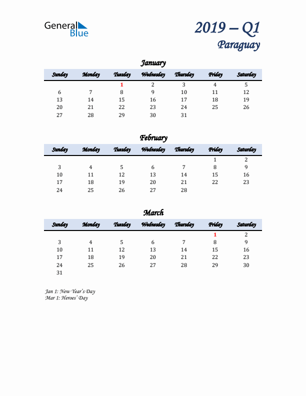 January, February, and March Calendar for Paraguay with Sunday Start