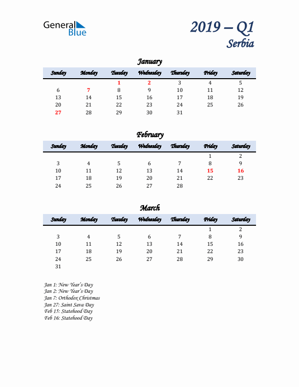 January, February, and March Calendar for Serbia with Sunday Start