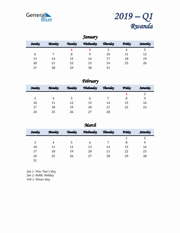 January, February, and March Calendar for Rwanda with Sunday Start